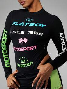 Missguided x Playboy 棉质赛车图案连体衣，长袖，复古赛车风格，立领，后背镂空设计，合身，比赛旗帜印花，运动服，现代时尚美学街头服饰，秋冬造型 - 黑色 - 查看 5