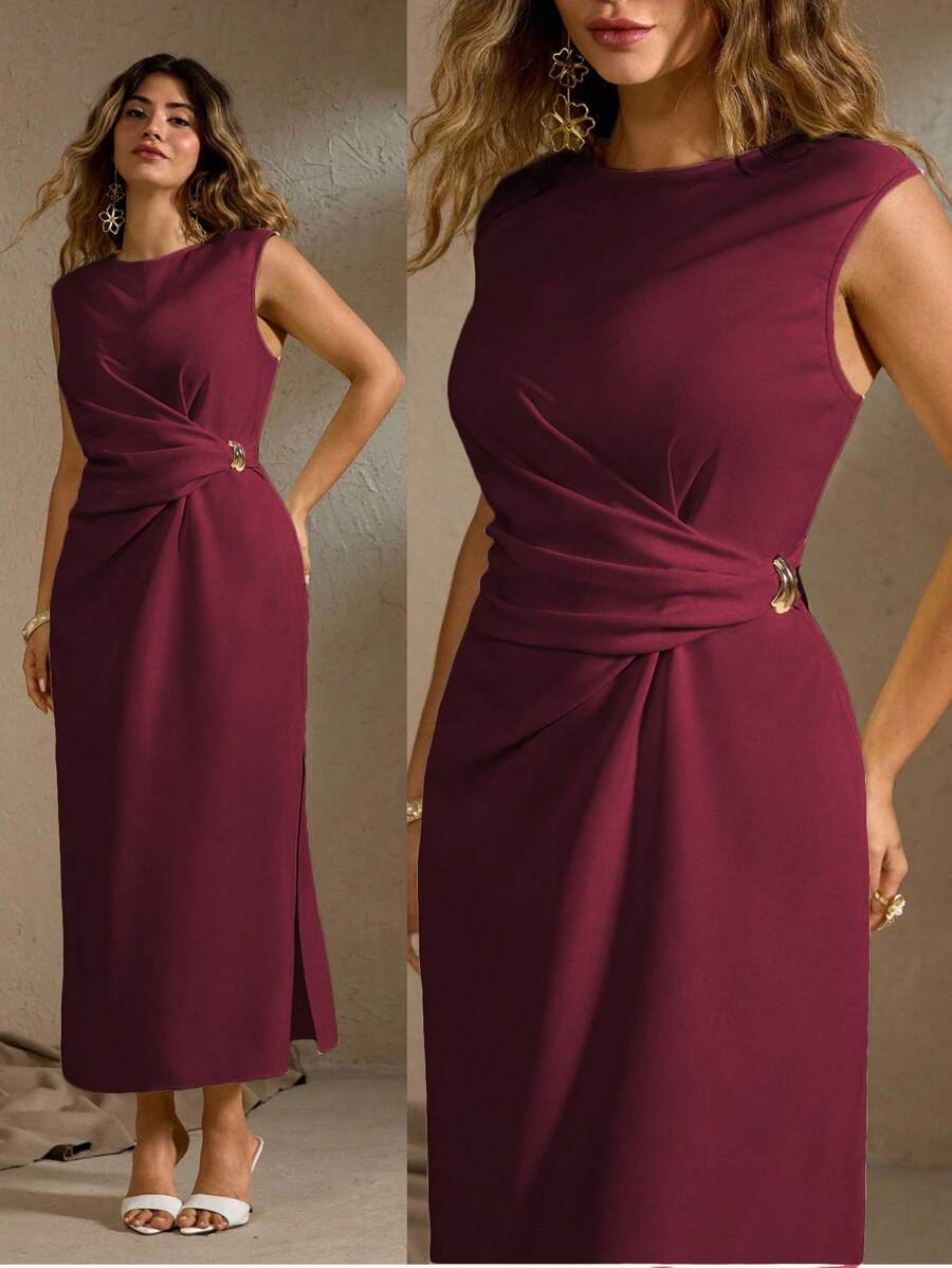Roveilla 大码女式优雅休闲无袖长裙，带金属装饰，腰部收紧，侧开衩，适合通勤、度假、下午茶、派对婚礼宾客礼服 女式酒红色中长裙 栗色连衣裙 女士连衣裙 女士优雅连衣裙 勃艮第酒红色中长裙 女士连衣裙 优雅中长裙 - 中紫紅色 - 查看 1