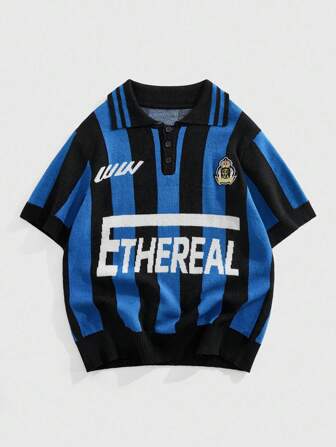 Prep Camiseta de punto de manga corta con rayas de contraste y gráfico de letras para uso casual diario de hombres