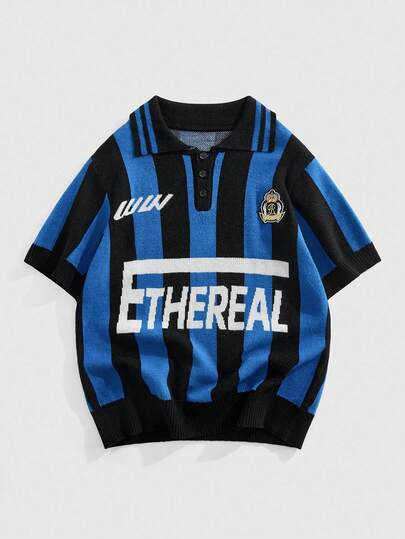 Prep Men's Casual Everyday Contrast Stripe & Letter Graphic Short Sleeve Knit Top