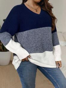 SHEIN LUNE 秋冬大码拼色V领休闲套头衫 - 藏蓝色 - 查看 6