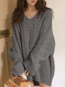 DAZY 宽松圆领麻花针织长袖休闲中长款毛衣，法式时尚秋冬 - 灰色 - 查看 3