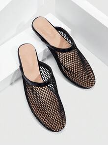 CUCCOO SZL 女士镂空透气设计尖头平底鞋，黑色网眼平底鞋，适合日常穿着和居家 - 黑色 - 查看 2