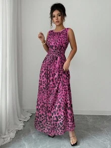 Rafferiza 女式优雅豹纹网眼圆领褶饰腰部抽绳 A 字形无袖长裙 - 玫紅色 - 查看 5