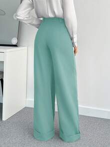 EURMUSE Women Solid Color High Waist Wide Leg Pants - Mint Green - View 2