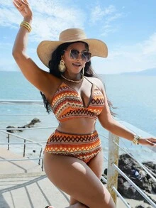 Slaydiva Plus Size Women's Drawstring Triangle Bikini Top And Regular Shorts Swimsuit Set, Summer Beach - Multicolor - View 6