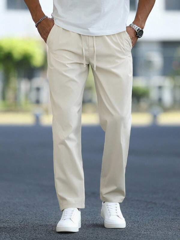 Manfinity Homme Pantalones casuales rectos con bolsillo y cordón en la cintura, unicolor, para otoño