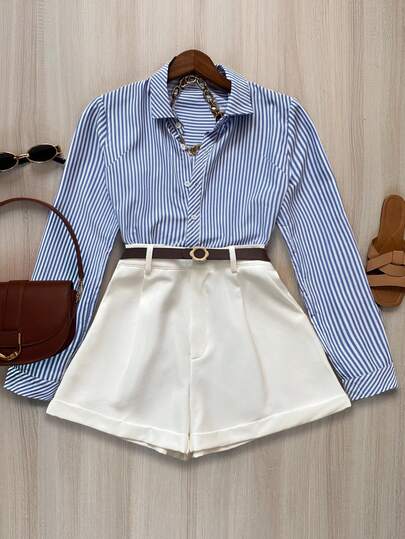INAWLY 2pcs Women Striped Shirt And Side Pocket Shorts Set, Commuter Outfit For Autumn