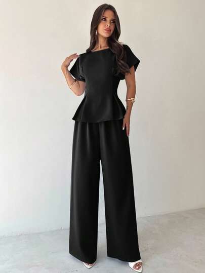 Firerie 2pcs/Set Women's Elegant Commute & Vacation Vintage Style Outfit, Includes Loose Fit Round Neck Short Sleeve Pleated Shirt Top And Wide Leg Pants, Suitable For Office, Teacher Attire, Airport, Travel