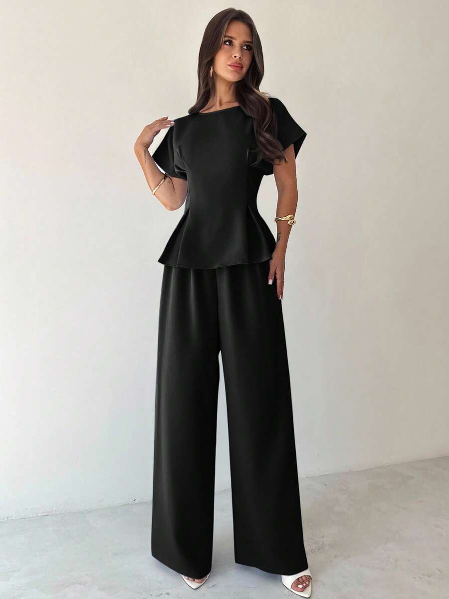 Firerie 夏季新款简约优雅通勤度假复古毕业日常百搭黑色竹纹面料圆领短袖腰部褶裥X型常规衬衫上衣+宽松阔腿裤两件套，教师装，复古风，女士办公室装，机场装，旅行装，外出装