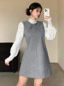 DAZY 女士宽松休闲甜美蝴蝶结装饰无袖连衣裙，秋冬季短款连衣裙 - 灰色 - 查看 8