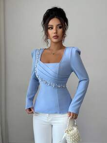 Elenzga 女士优雅浪漫珍珠装饰领腰修身长袖衬衫 - 霧霾藍 - 查看 7
