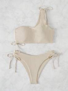 Swim Basics Summer Beach Rib One Shoulder Tie Side Bikini - Beige - View 1