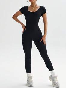 Slayform Black Backless Scoop Neck Women Capris Jumpsuit Seamless High Elasticity Sportswear  Gym Bodysuit - Black - View 6