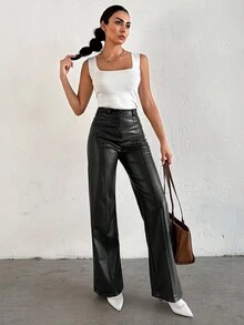 EURMUSE Women's Straight Leg Pvc Leather Pants - Black - View 3