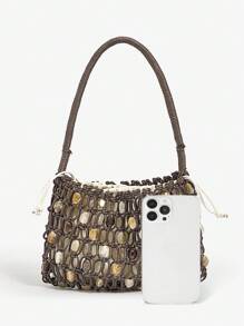 SHEIN SXY 女士、女式单肩包、流浪包、钩针包、亚克力彩色石珠、时尚、优雅、简约、个性化、多功能、适合海滩、度假、节日、夏季、海边、日常、下午茶、海滩派对 - 咖啡 - 查看 5