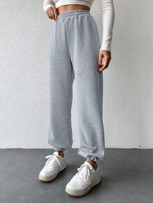 SHEIN Cottnline Ladies' Solid Color Drawstring Waist Sweatpants - Light Grey - View 4