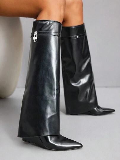 CUCCOO SZL Botas altas con tacón grueso y punta afilada, botas de montar sexys para mujeres, color negro para Navidad