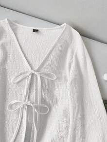 SHEIN LUNE Áo nữ tay loe màu trơn dáng rộng, áo sơ mi trắng thắt nơ phía trước, áo kiểu thắt nơ cổ chữ V, áo trắng nữ, áo sơ mi trắng, áo kiểu thường ngày. - trắng - Xem 3