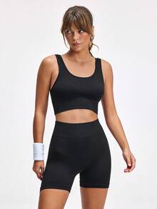 Women's Solid Color Sports Yoga Camisole Bra And Shorts Set - Black - View 4