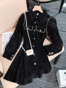 Franclia Long Sleeve Solid Color Black & Gold Lace Trim Dress, Elegant Style For Autumn/Winter - Black - View 6