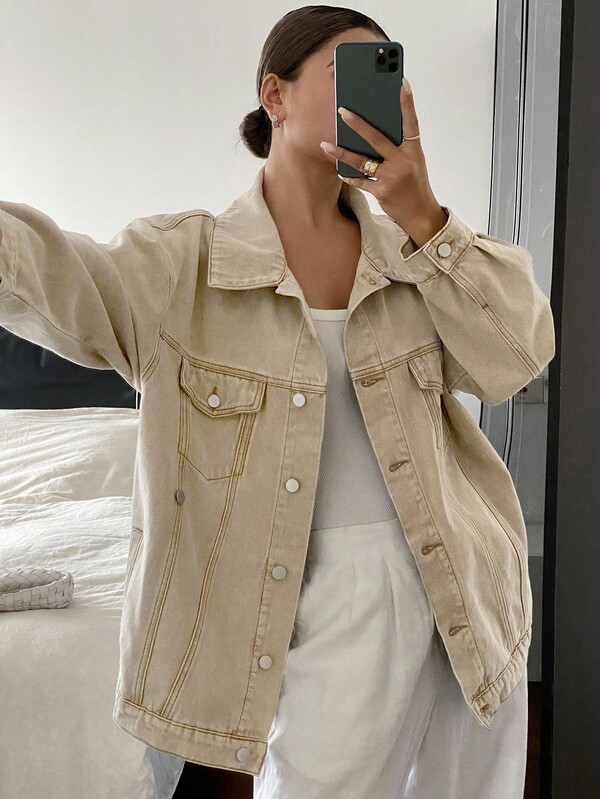 Livesso 女式宽松翻领大口袋牛仔夹克，秋季