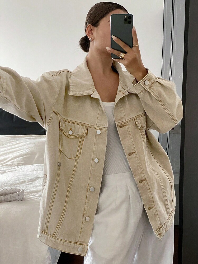 Livesso 女式宽松翻领大口袋牛仔夹克，秋季 - 卡其色 - 查看 1