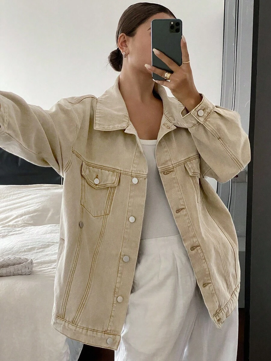 Livesso 女式宽松翻领大口袋牛仔夹克，秋季 - 卡其色 - 查看 1
