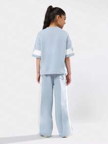 SUMWON Conjunto feminino de duas peças oversized com estampa de números, composto por moletom e calça pantalona. Ideal para o outono e inverno. - Baby Azul - Ver 2