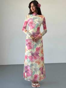 Aloruh 新款花卉网眼印花派对长袖修身连衣裙，度假风格，秋冬 - 杏色 - 查看 6