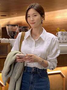 DAZY 纯色纽扣前衬衫，长袖上衣秋季 - 白色 - 查看 8