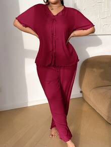 Napfluff CURVE Napfluff CURVE Conjunto de pijama de manga larga y pantalones de punto acanalado con decoración de lazo de unicolor, talla grande - Burdeos - Ver 4