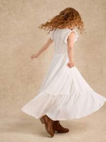 Tween Girl Elegant Lace Patchwork Long Dress,Holiday,Summer,Travel - White - View 2