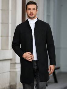 Manfinity CasualCool Áo khoác nam dài tay màu trơn có túi và nút phía trước, áo khoác nam dài sang trọng màu đen, thu đông - màu đen - Xem 3