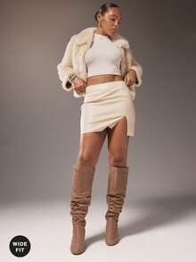 SHUZIA Wide Fit Ruched Faux Leather Knee High Block Heel Boots For Christmas - Light Grey - View 3