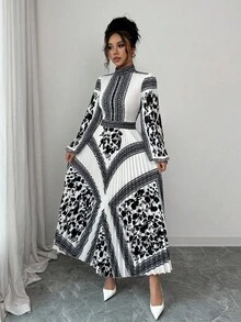 Elenzga 女士印花腰部褶边立领优雅日常通勤商务法式浪漫约会派对圣诞节节日灯笼袖长袖连衣裙，秋冬 - 彩色 - 查看 4