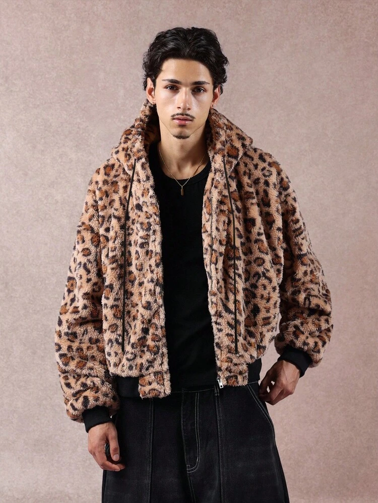 Faux Fur Leopard Print Cropped Jacket With Zip Closure