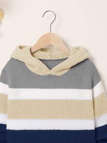 SHEIN Tween Boy Oversized Striped Hooded Pullover Sweater, In Fall/Winter - Navy Blue - View 3