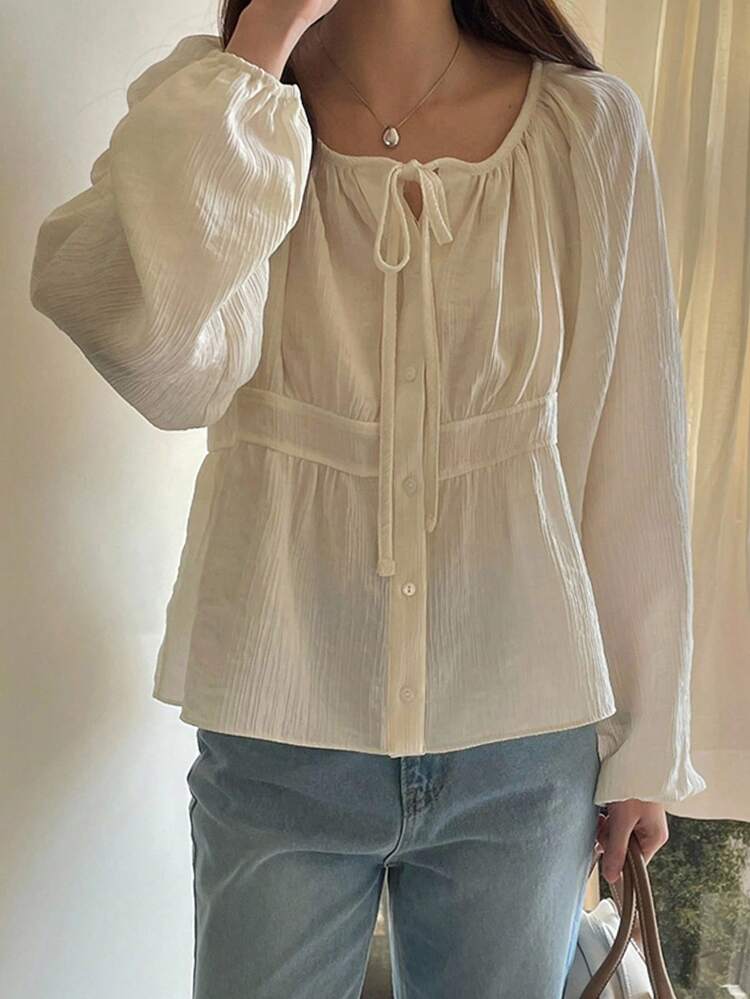 French Style Tie-Up Button Down Short Sleeve Blouse, Loose Fit For Women Long Sleeve Top