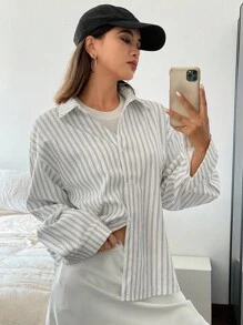 Livesso 女式宽松长袖翻领休闲条纹衬衫，春夏秋季上衣 - 白色 - 查看 7