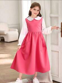 Girls' Casual Striped Long Sleeve Peter Pan Collar Blouse And Bib Pocket Maxi Skirt 2 Pieces Set, Comfortable For Daily Wear Pink Dress For Girls Girls Pink Long Sleeve Dress Pink Peter Pan Collar Dress Girls Modest Dress Girls Dress With Pockets - Pink - View 2