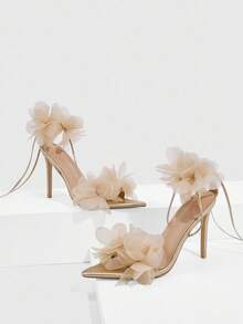 CUCCOO SZL 女士尖头3D花卉装饰优雅高跟凉鞋 - 金色 - 查看 2