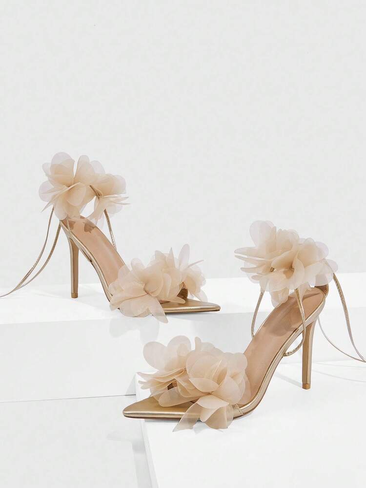 CUCCOO SZL Women's Pointed Toe 3D Floral Decor Elegant High Heel Sandals For Christmas Spring Shoes Prom Heels