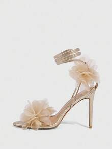 CUCCOO SZL 女士尖头3D花卉装饰优雅高跟凉鞋 - 金色 - 查看 9