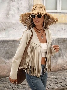 Brillora Women's Solid Color Fringe Trim Open Front Jacket In Fall/Winter - Khaki - View 7