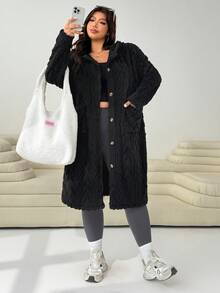 Solflare Plus Size Textured Thick Double-Sided Fleece Long Jacket, Autumn/Winter Fall Plus Size Winter Clothes - Black - View 6