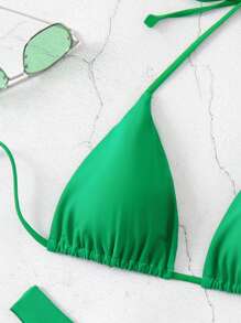 SHEIN Swim Set de bikini de cuello halter de unicolor para mujer con sujetador triangular para vacaciones, playa de verano - Verde - Ver 4