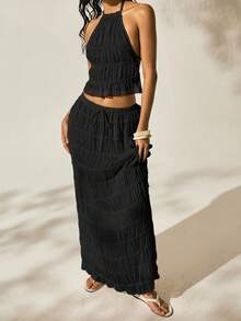 Easelle 2件套女士浪漫黑色露背低腰裙度假户外装黑色两件套女士度假装女士裙子套装两件套裙子百褶裙套装夏季2件套女士 - 黑色 - 查看 3