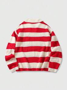 ROMWE MEN Prep 男士条纹字母刺绣宽松镂空针织衫，秋冬款，长袖上衣 - 紅色 - 查看 2