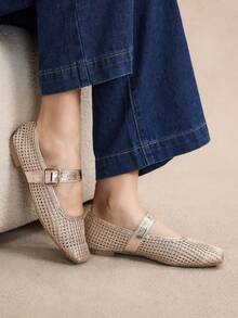 Rosivie 女士时尚杏色编织镂空平底鞋 - 金色 - 查看 5